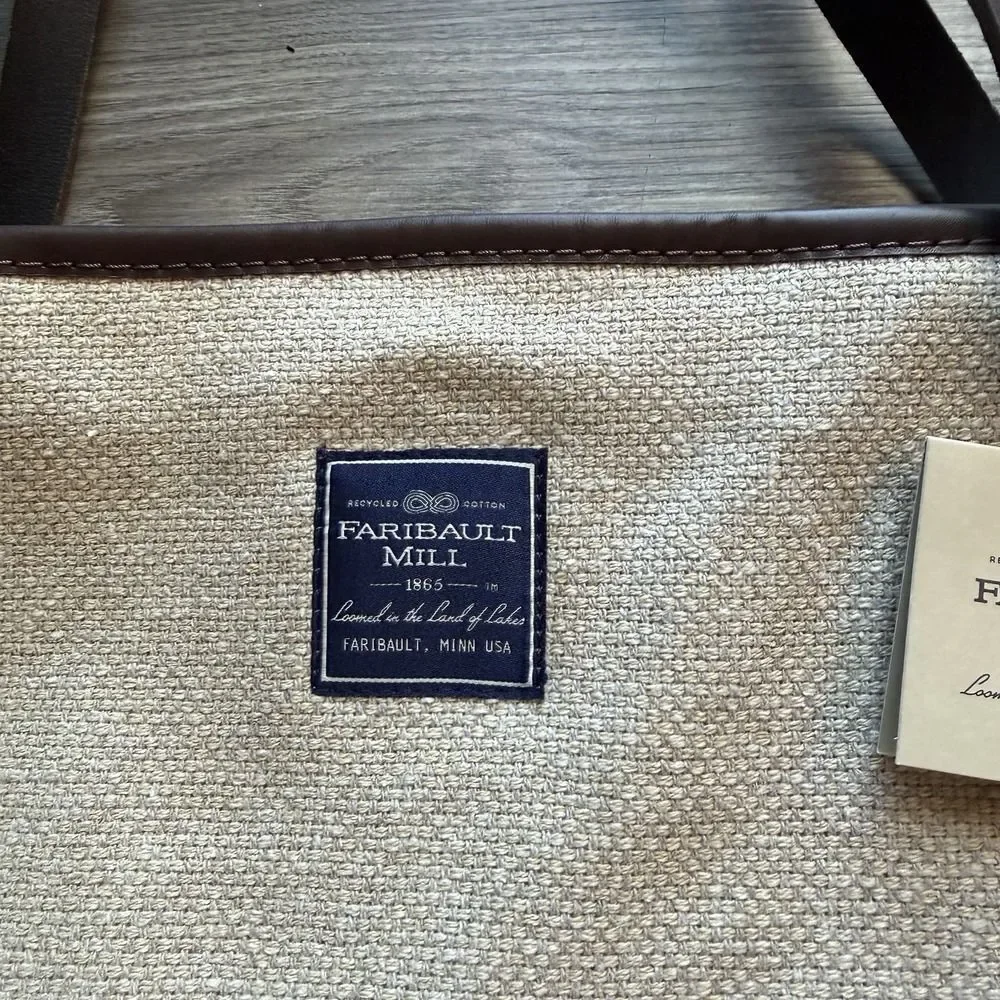 Faribault Woolen Mills Cotton Tote Bag MADE IN USA Leather Straps NWT Blue